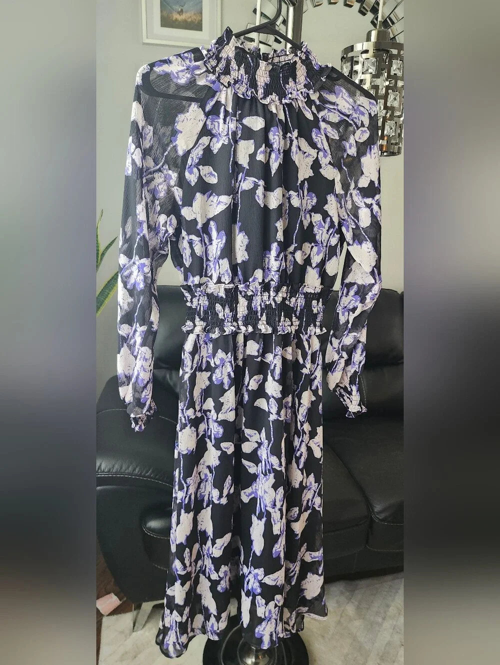 Long Sleeve Black Floral Midi Dress with Smocked Waist - Picture 6 of 10